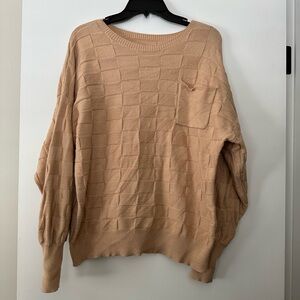 Size L Beige Checkered Knit Sweater with Pocket